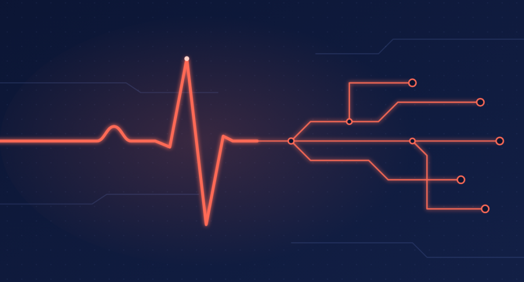 Heartbeat graphic showing one beat connecting to a node diagram suggesting a digital system.